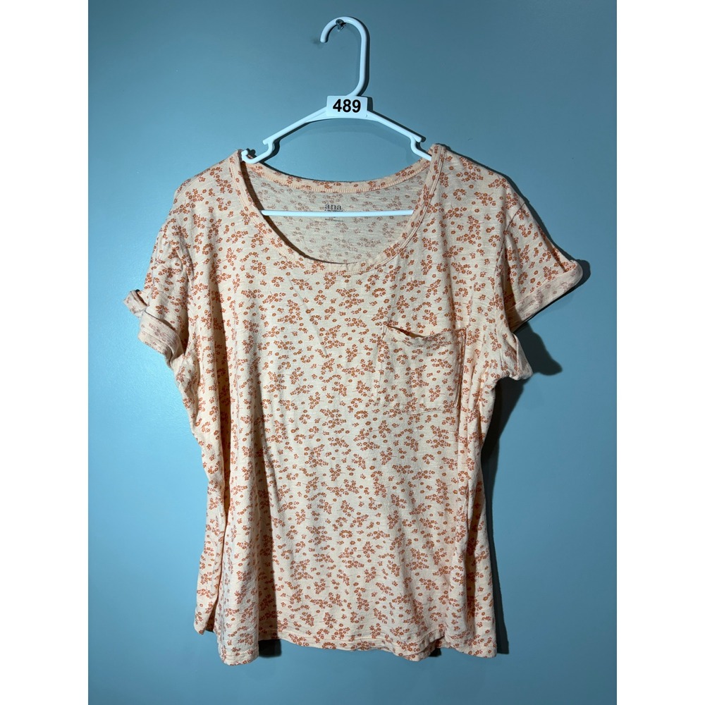 ana A New Approach Womens XL Peach Floral Short Sleeve Pocket T-Shirt Scoop Neck